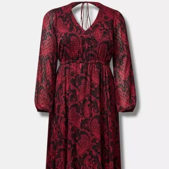 Torrid Burgundy Paisley Tea Length Clip Dot Open‎ Back A-Line Dress Plus Size 1X - Picture 1 of 11